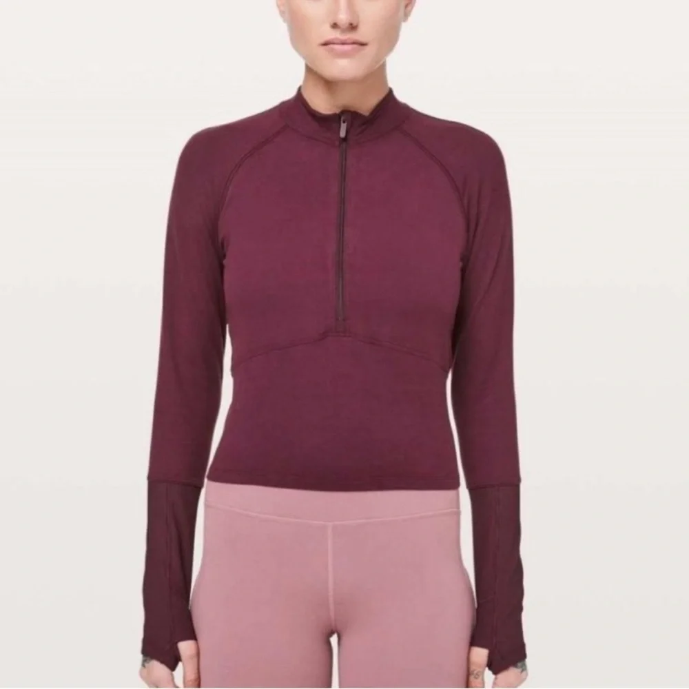 Lululemon Its Rulu Long Sleeve Dark Adobe Maroon 1/2 Zip Crop Top Size 2